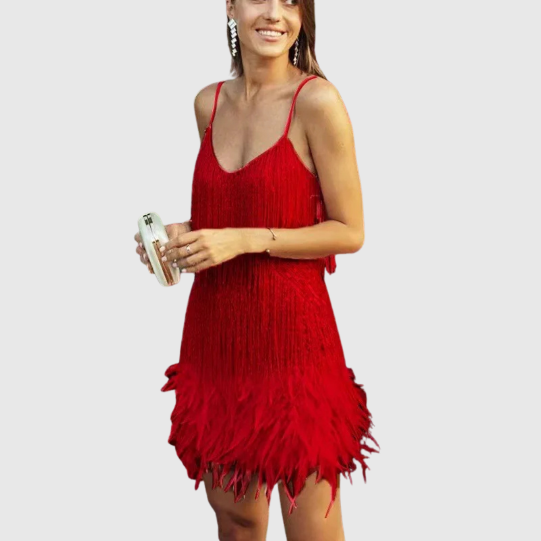 Isimay feather fringe cocktail dress in red, full-length front view