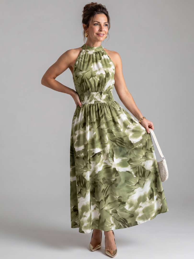 Olivia abstract print midi dress in green, full-length front view