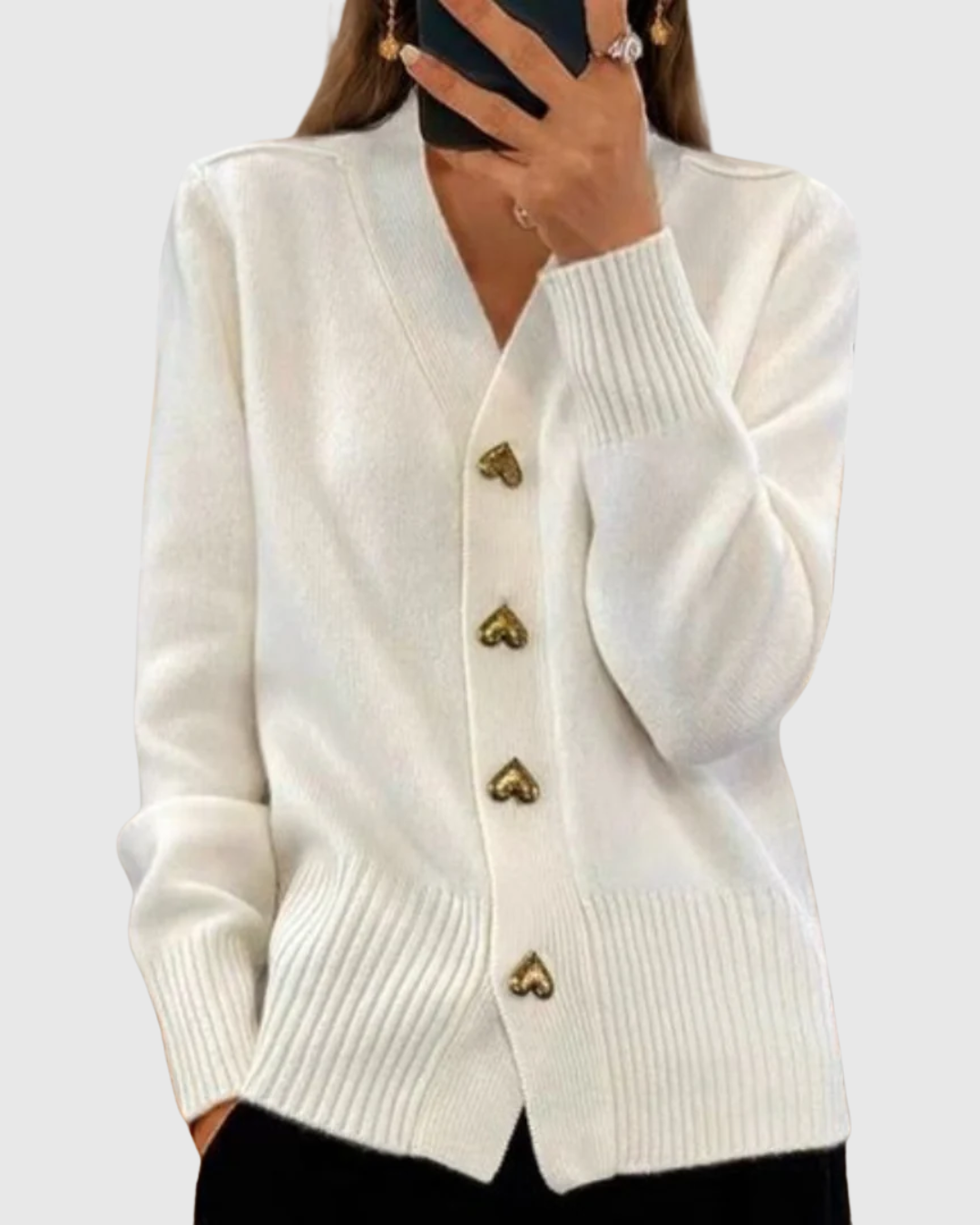 Heart button knit cardigan in white, front view