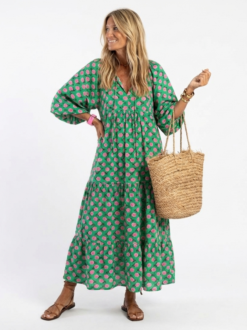 Fiora floral tiered midi dress in green, full-length front view