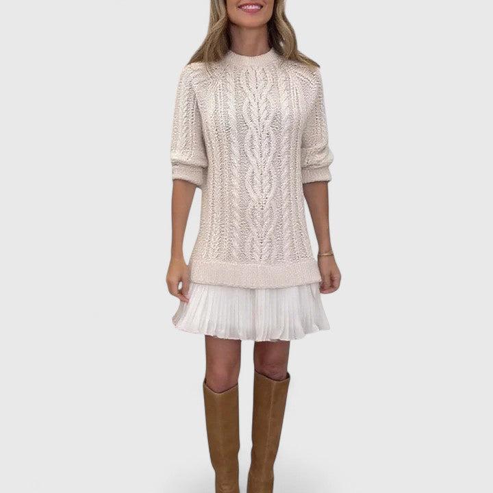 Ashlyndora sweater dress in apricot with tall boots, full-length view