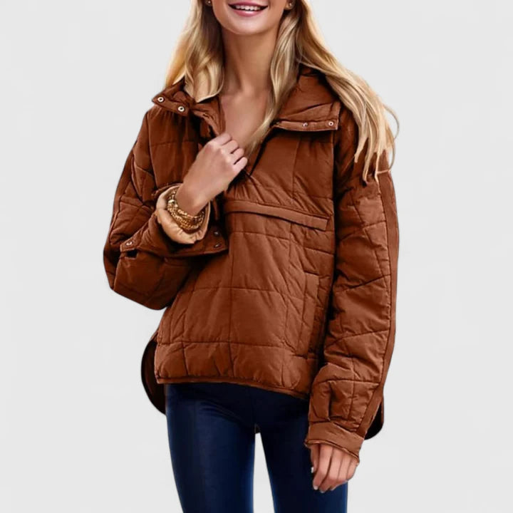 Saphina oversized pullover jacket in dark brown, front view worn with jeans