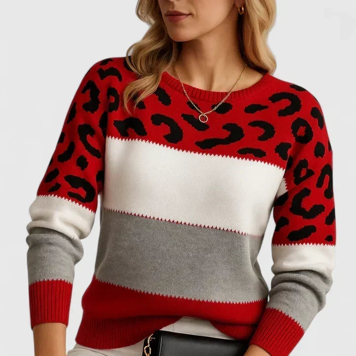 Marizelina leopard colour-block sweater in red, front view