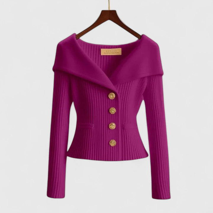Elara soft knit cardigan in purple, front view on hanger