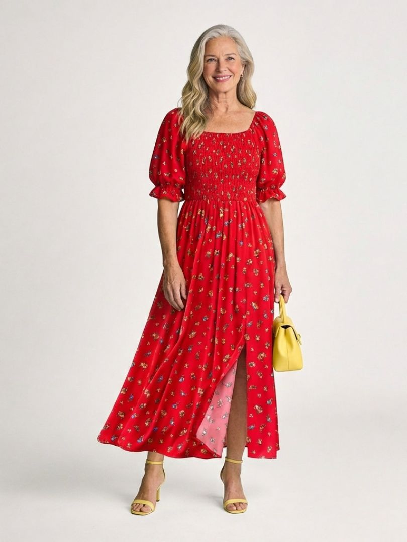 Delphine square neck floral midi dress in red, full front view