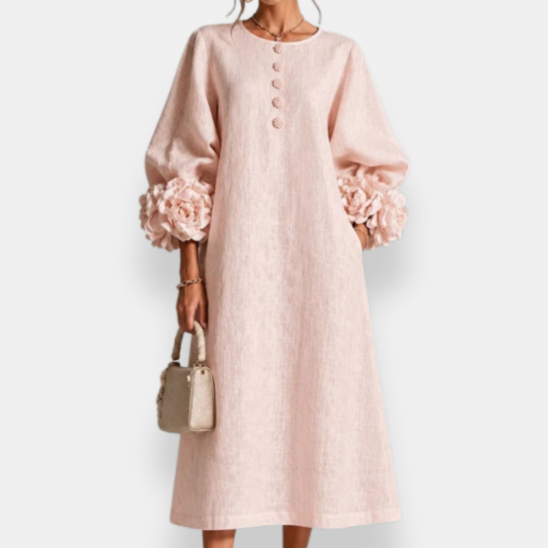 Annabelle floral appliqué midi dress in pink, full-length front view