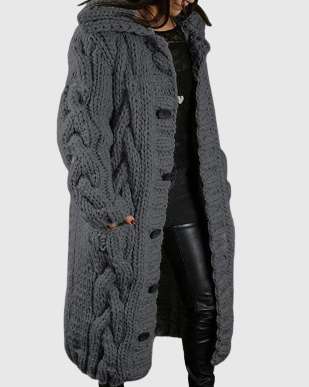 Maelona cable-knit coat in dark grey, front view