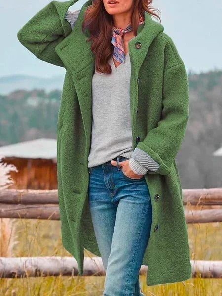 Lenora soft transitional coat in green, full-length front view with hood