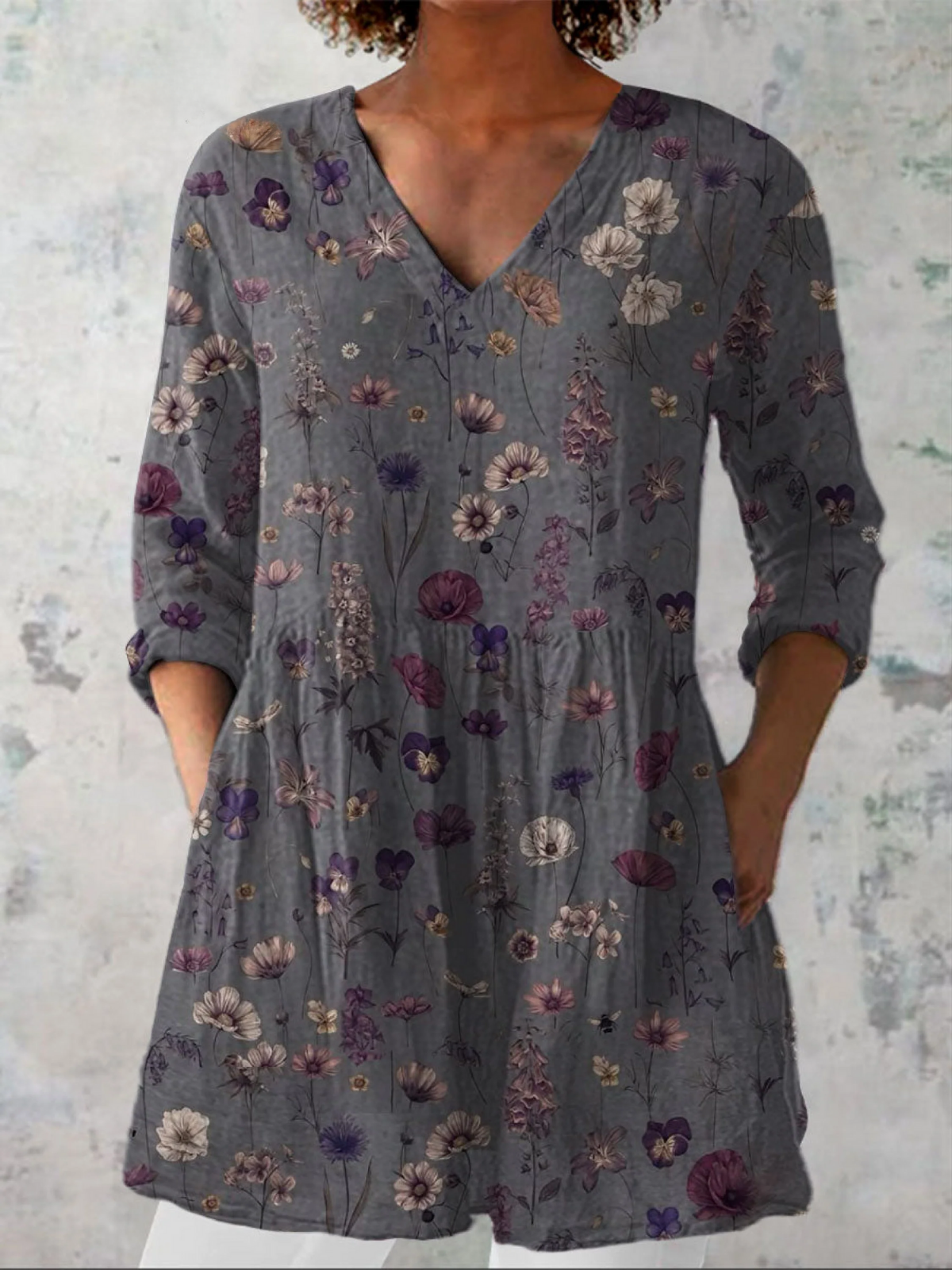 Audrey long sleeve blouse in grey with wildflower print, front view