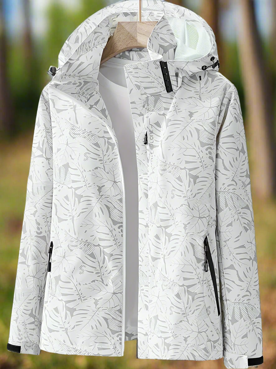 Tauriel leaf print windbreaker in white, front view on hanger