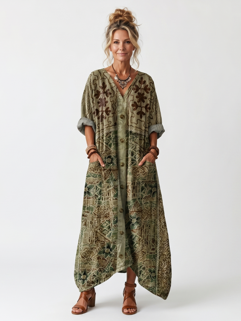Aleta button front embroidered midi dress in green, full front view