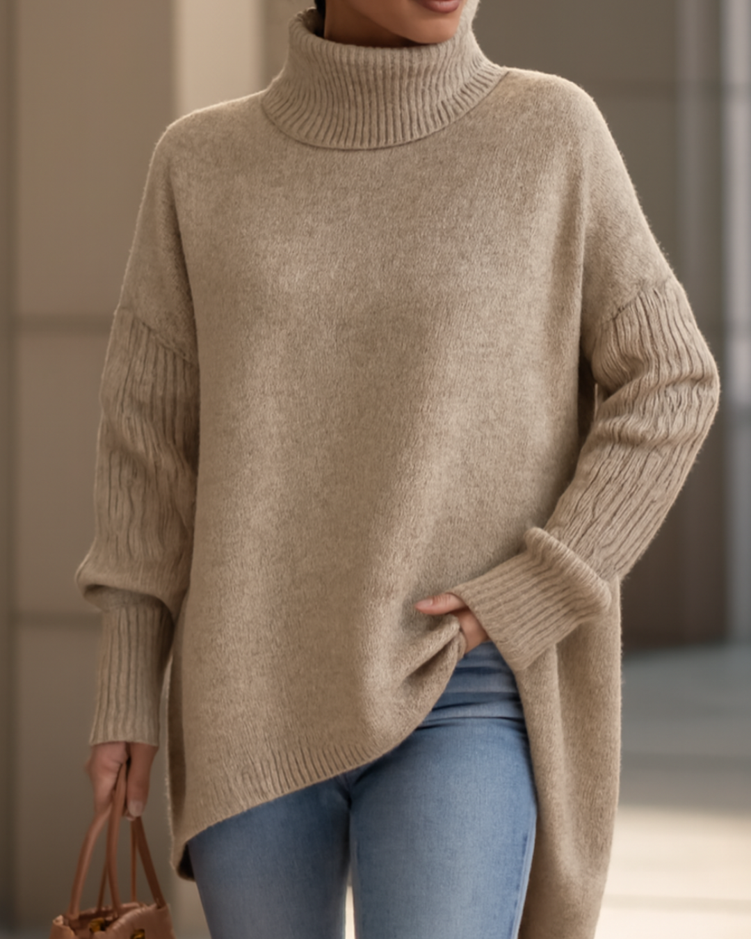 Fenella long turtleneck sweater in desert khaki, front view with high-low hem