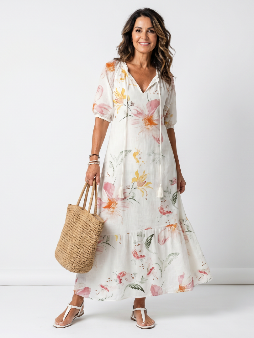 Noa floral tiered midi dress in white, full front view