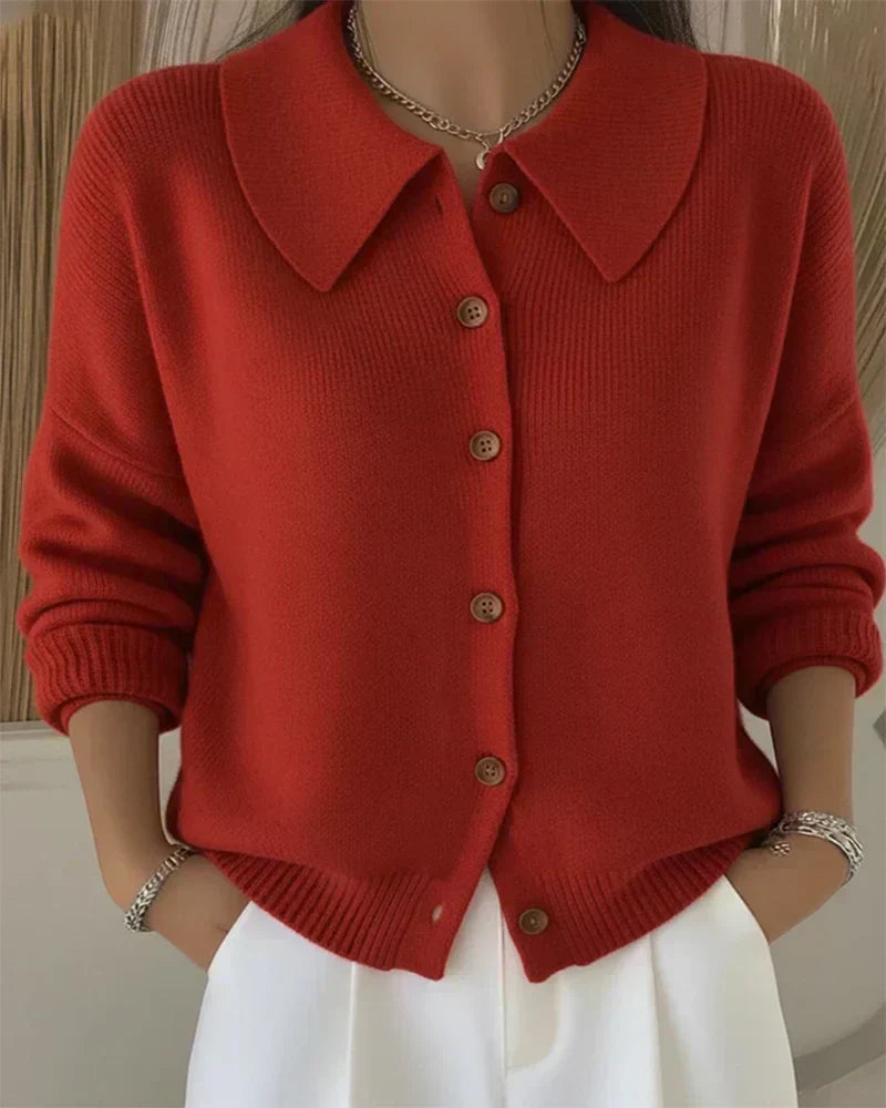 Vega collared button-up cardigan in red, front view