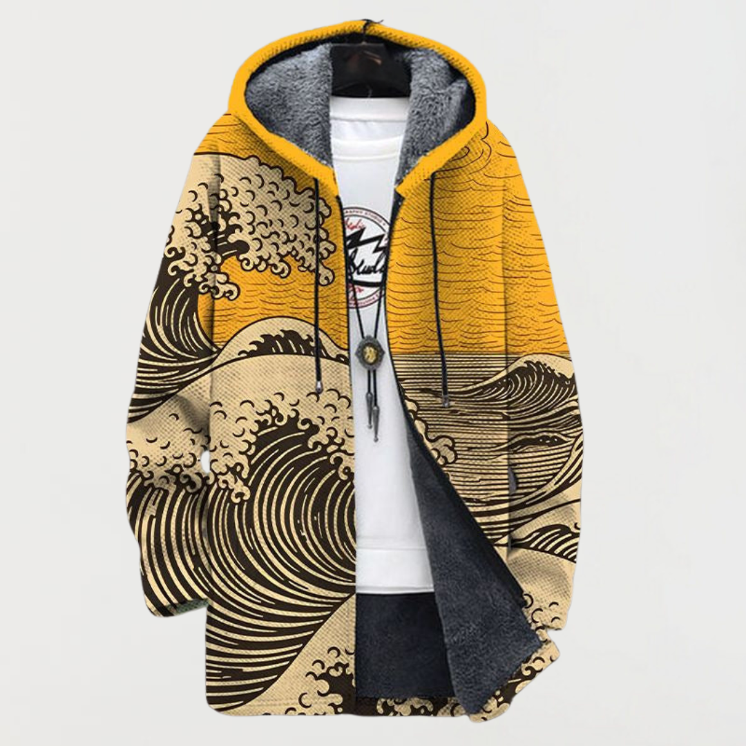 Lennox wave print hooded coat in orange, front view