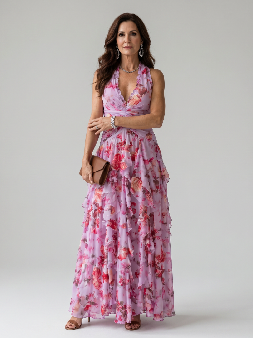 Nori floral maxi dress in pink, full-length front view