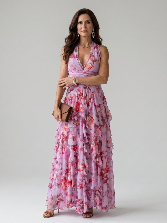 Nori floral maxi dress in pink, full-length front view
