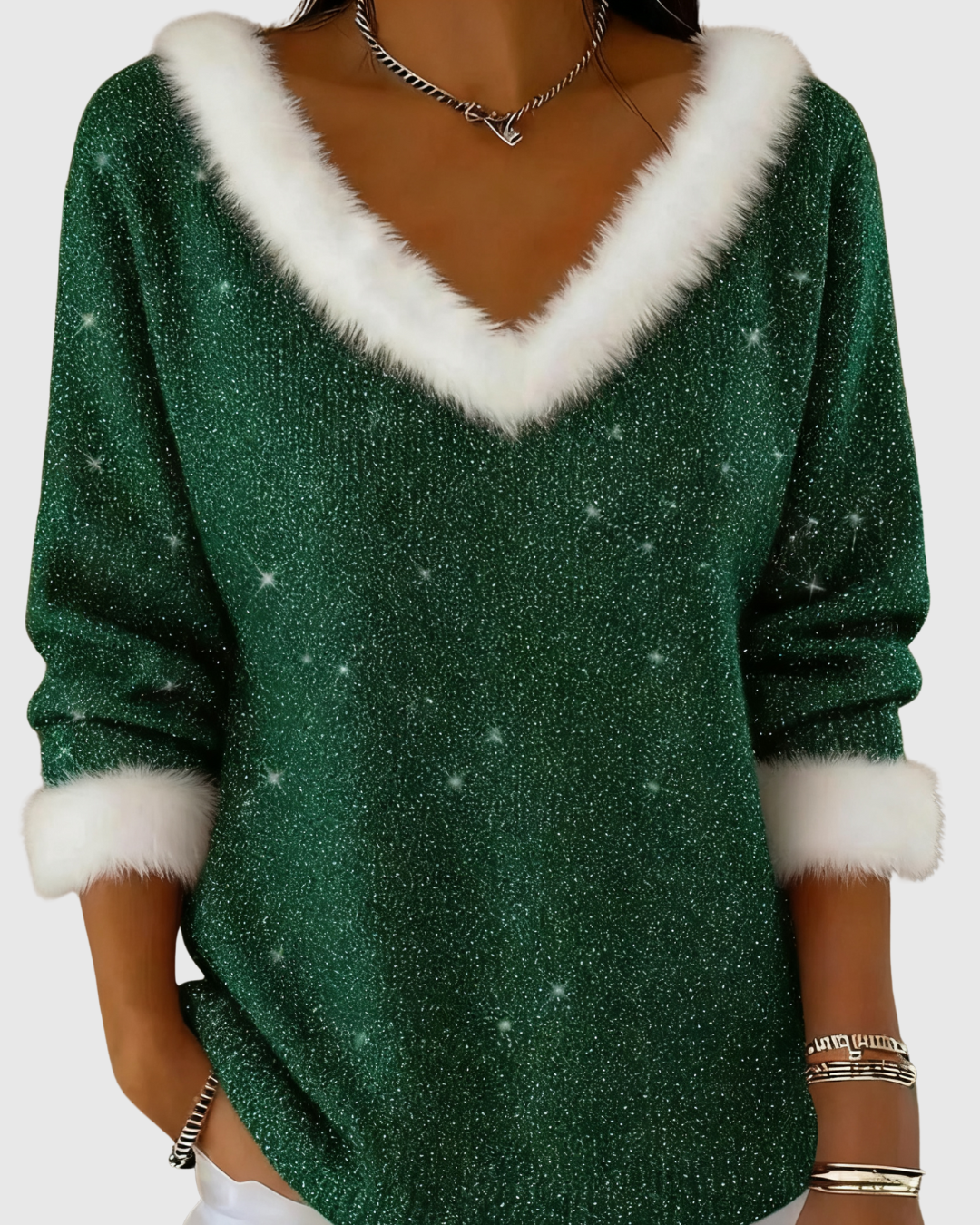 Arianwen festive knit sweater in green, close front view with faux-fur cuffs