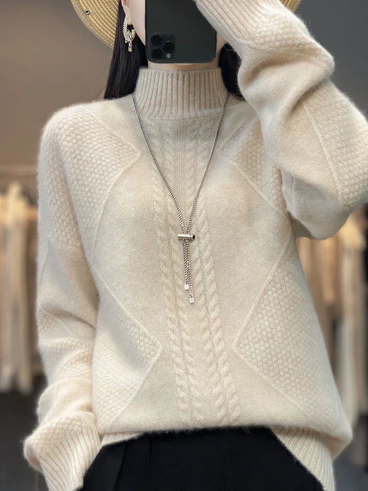 Vaesira cable-knit cashmere sweater in white, front view with turtleneck collar