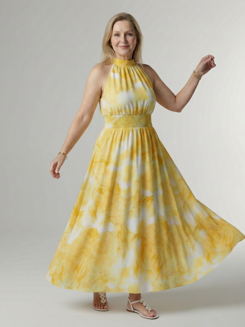Sylin gathered halter midi dress in yellow watercolour print, front view