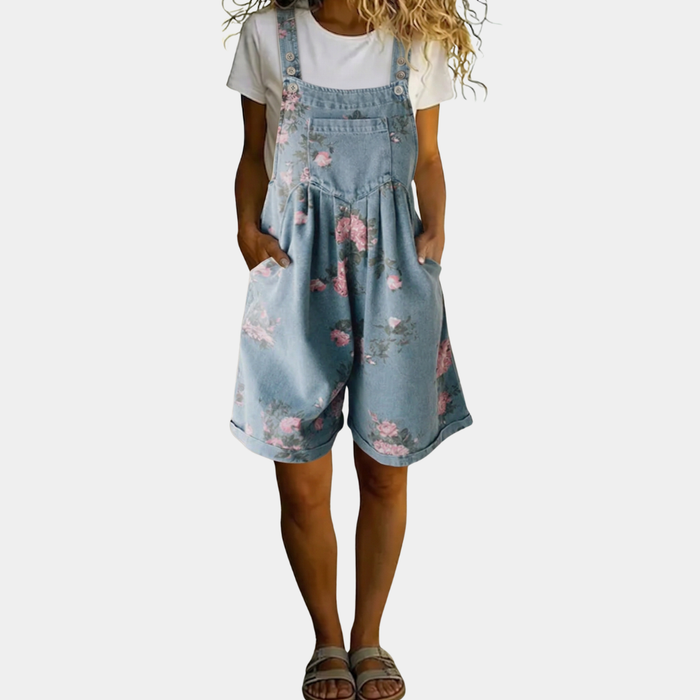 Judy floral denim jumpsuit in light blue, full front view with white tee