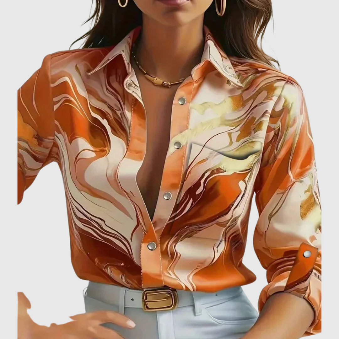 Corinna satin flow shirt in orange-yellow swirl print, front view