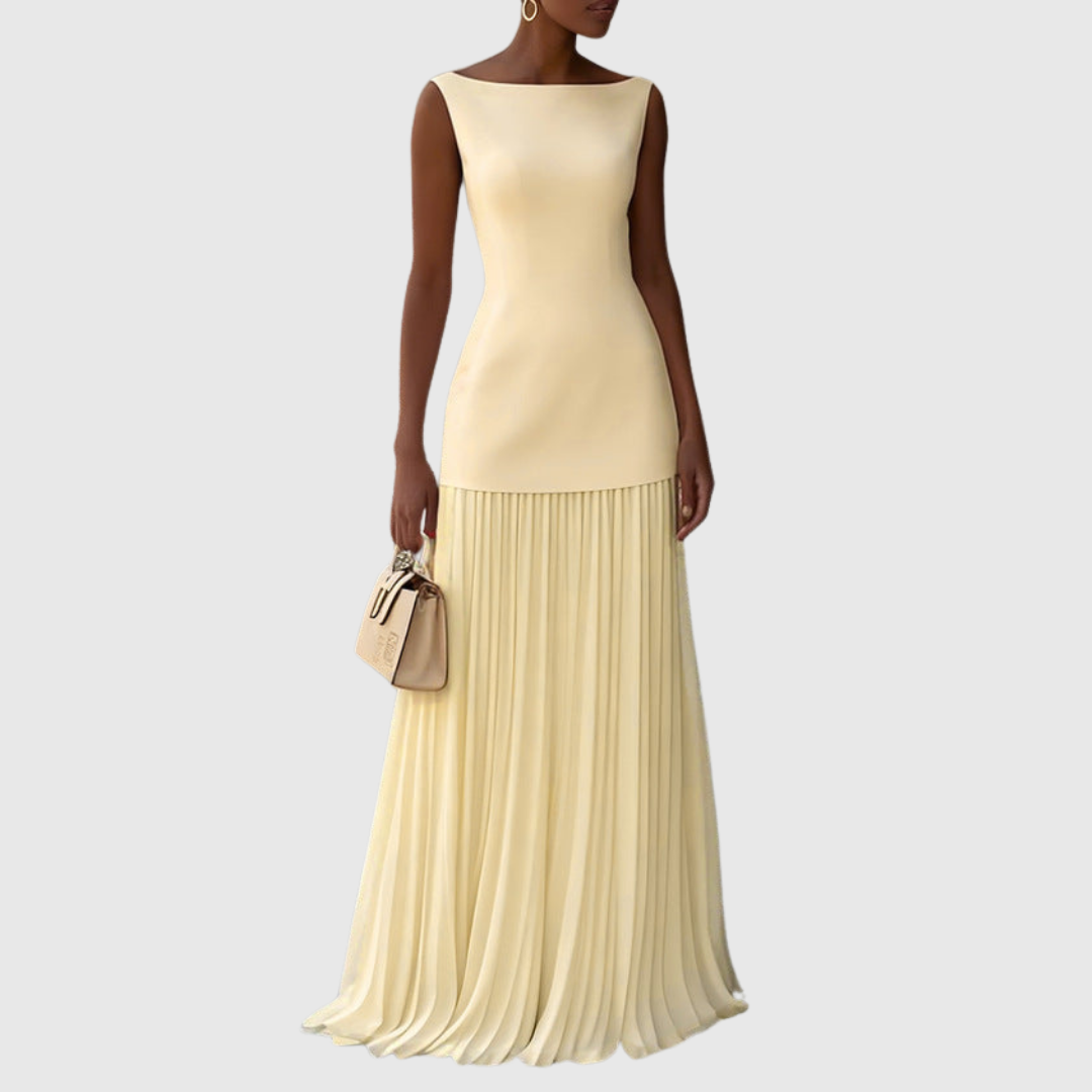 Coralie pleated maxi dress in yellow, full-length front view