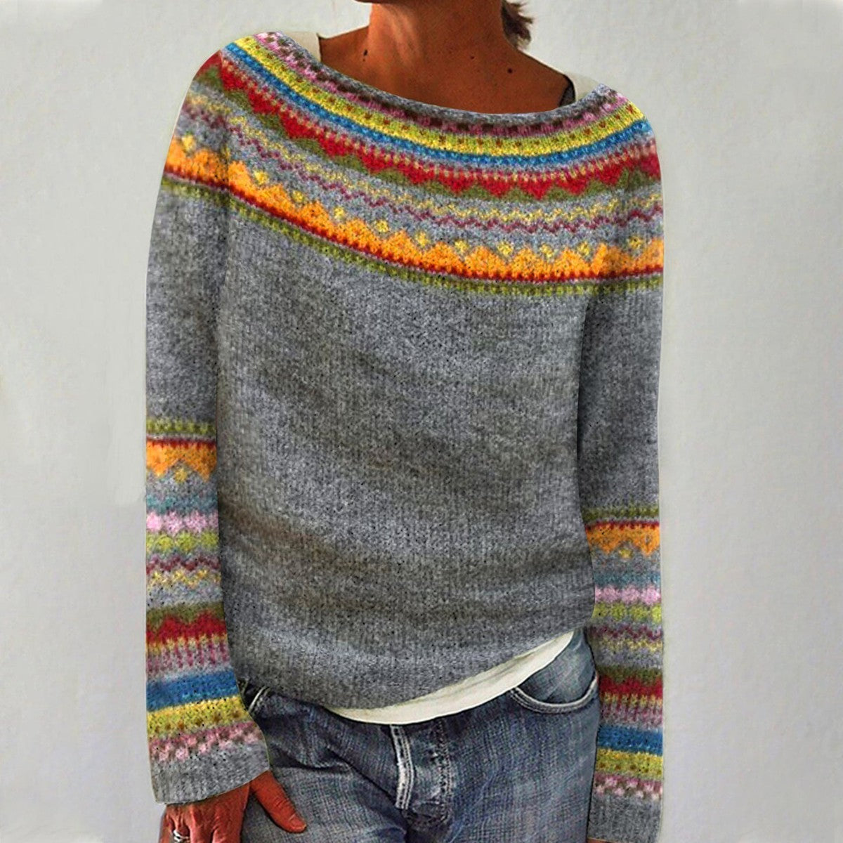 Aurielle vintage knit sweater in grey with rainbow patterned yoke, front view