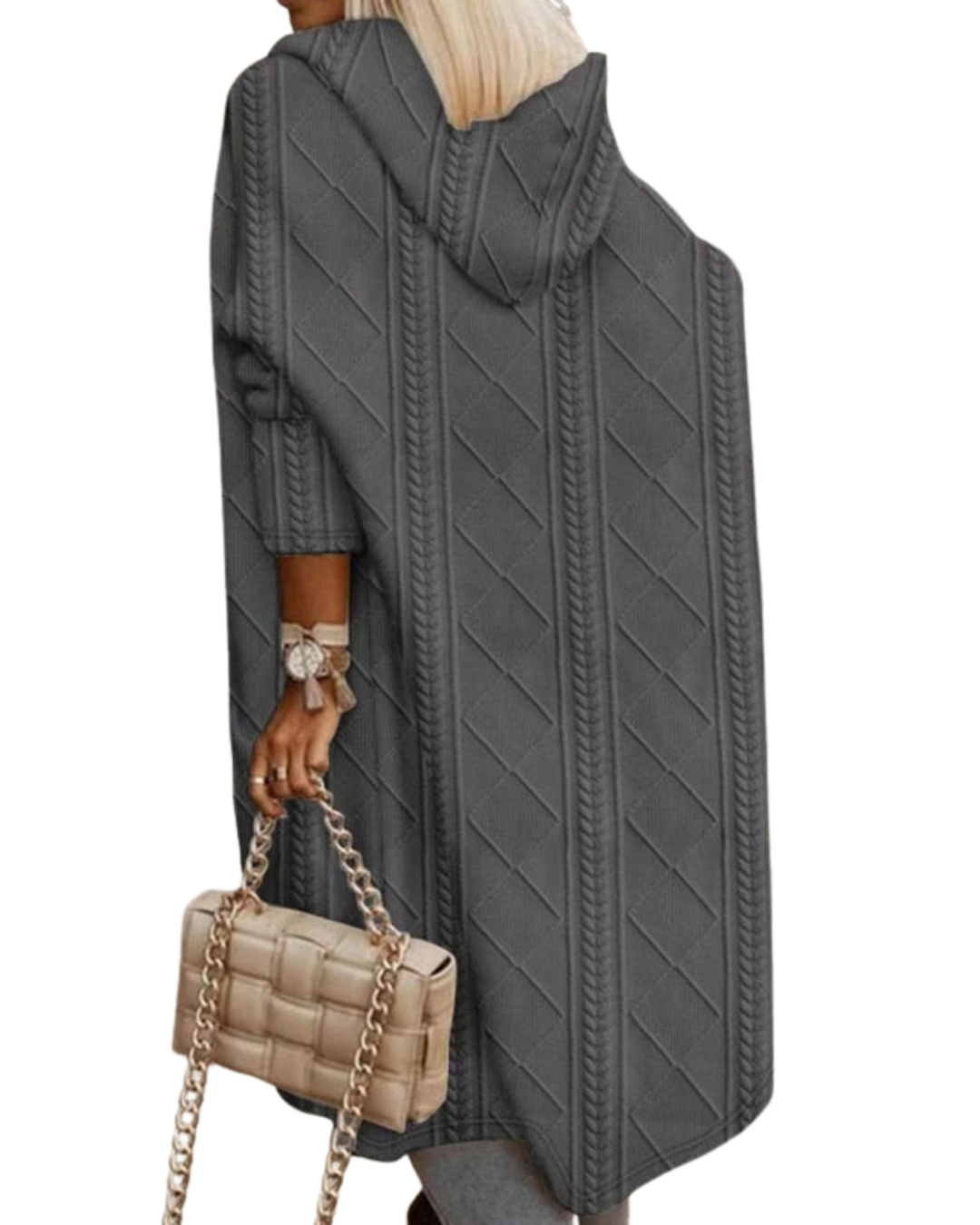 Honoria hooded cable-knit cardigan in grey, back view with cable texture