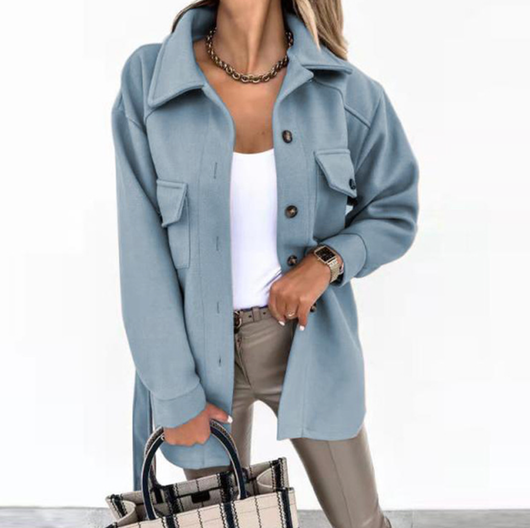 Orlisse shirt jacket in blue, full front view
