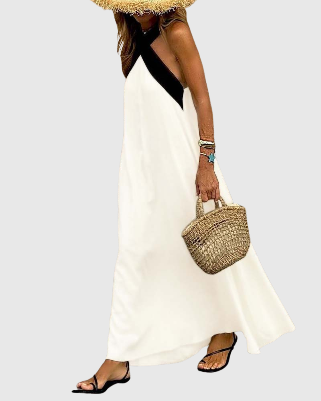 Orella cross-neck maxi dress in white, full-length side view