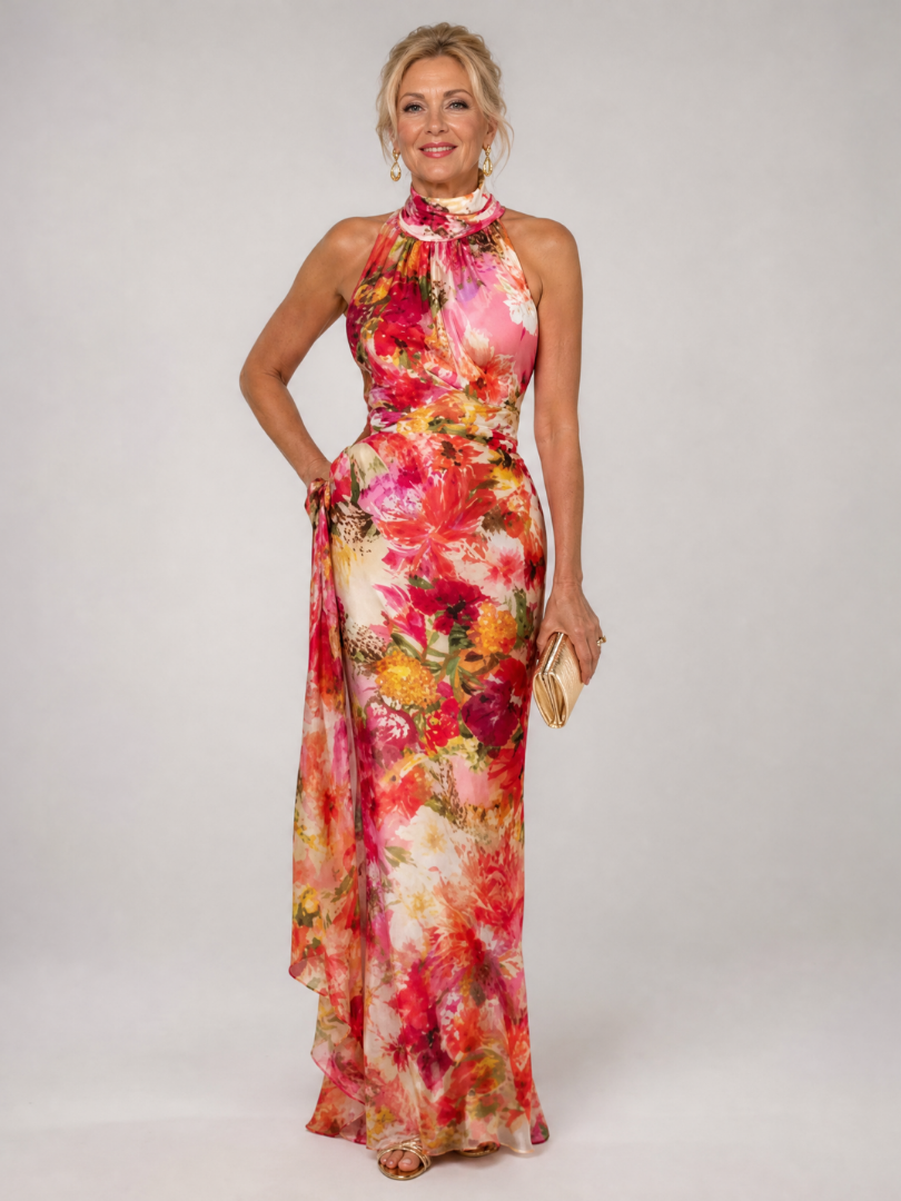 Elisabetta halter neck maxi dress in pink floral print, full-length front view