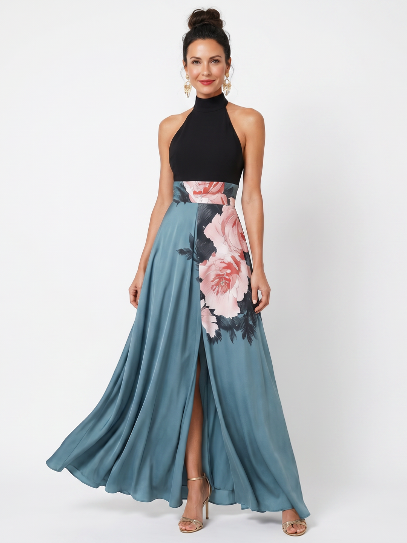 Olympas halter maxi dress in teal with pink rose print, front view