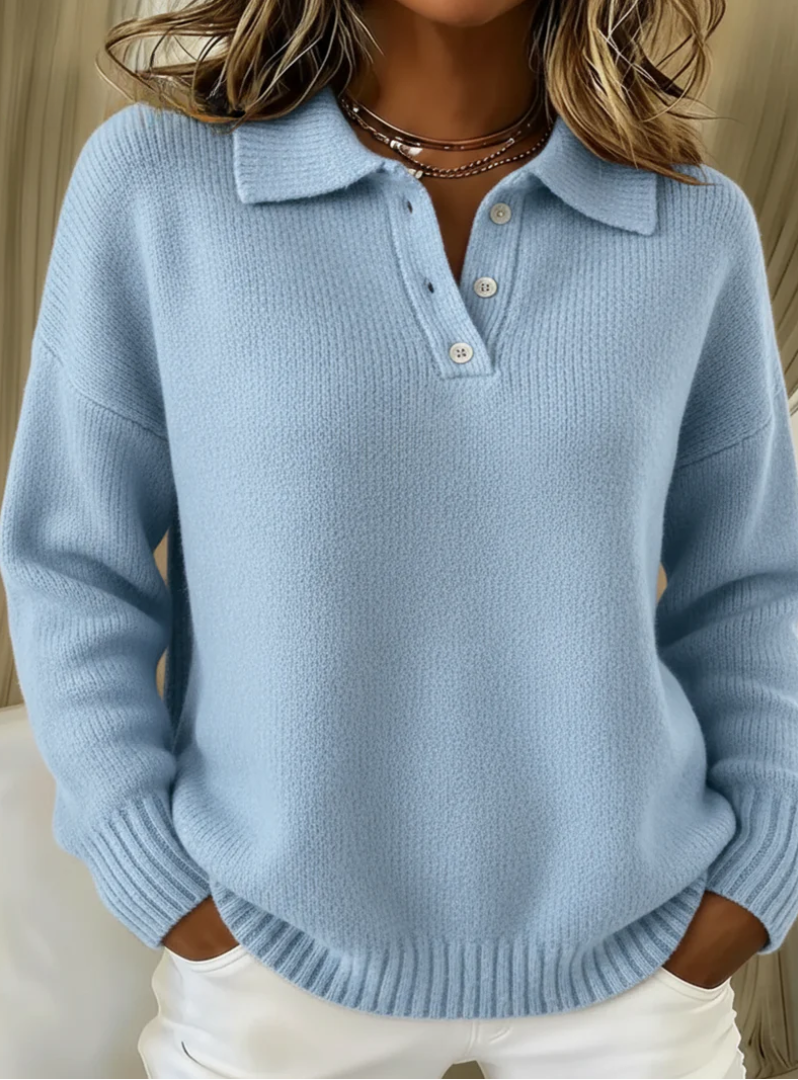 Hayden knit polo sweater in light blue, front view