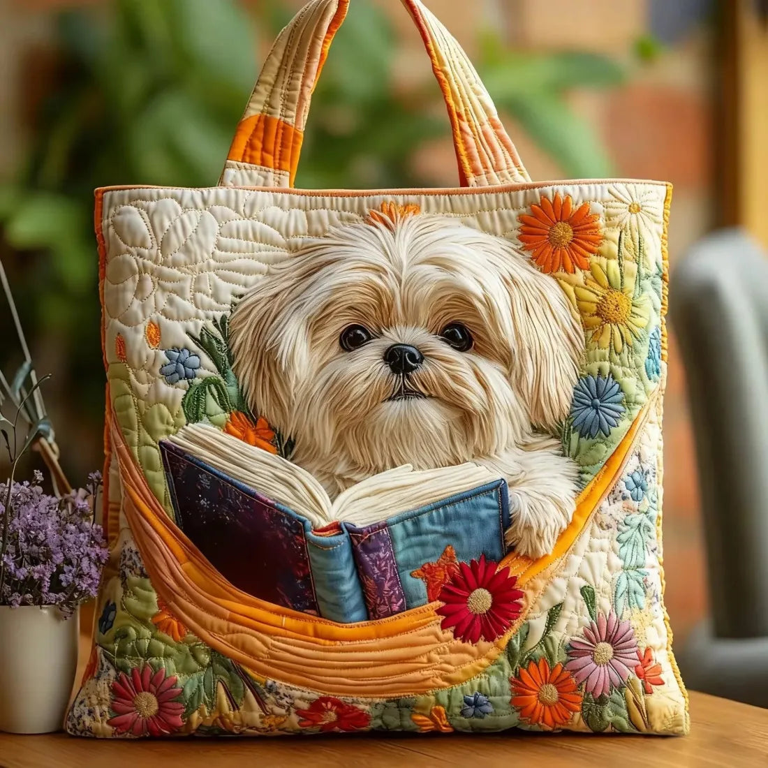 Handcrafted tote bag with shih tzu, books and colourful flowers, front view
