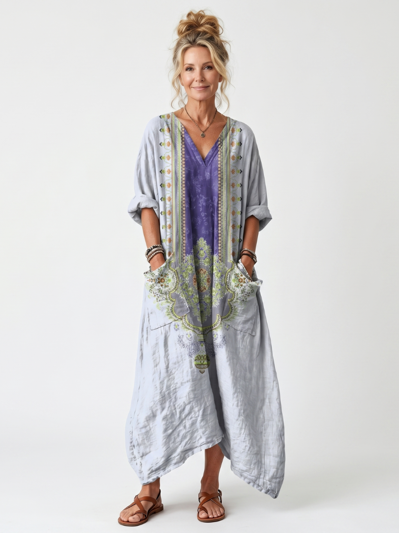 Raina contrast panel midi dress in grey with purple embroidered panel, front view