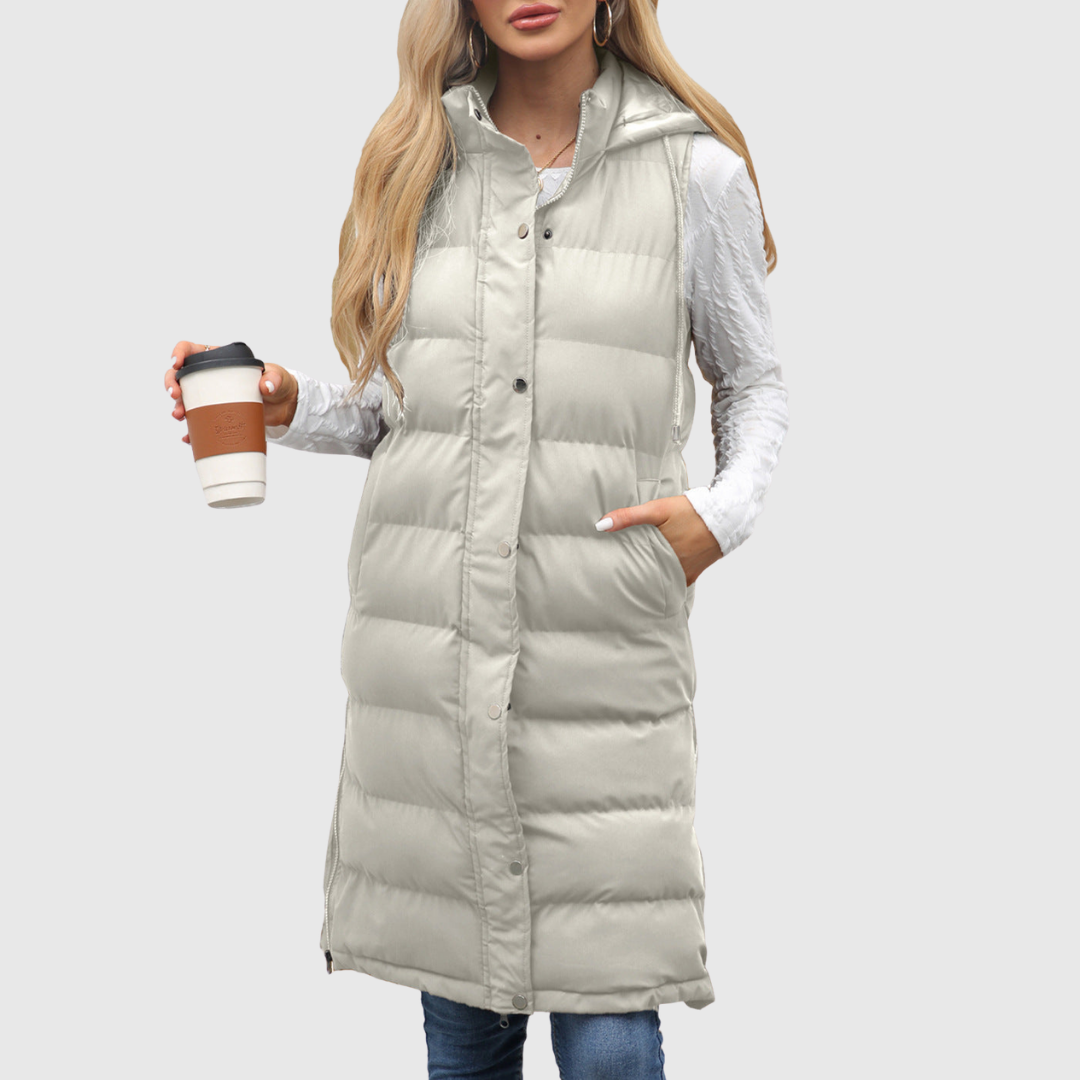 Lifia longline hooded vest in beige, front view