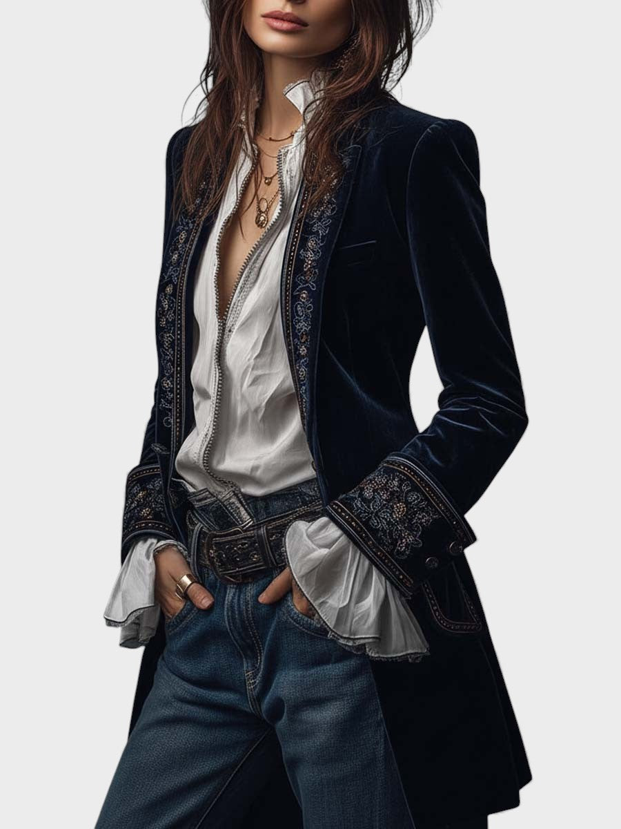 Nurie velvet blazer in navy blue, full front view styled with jeans