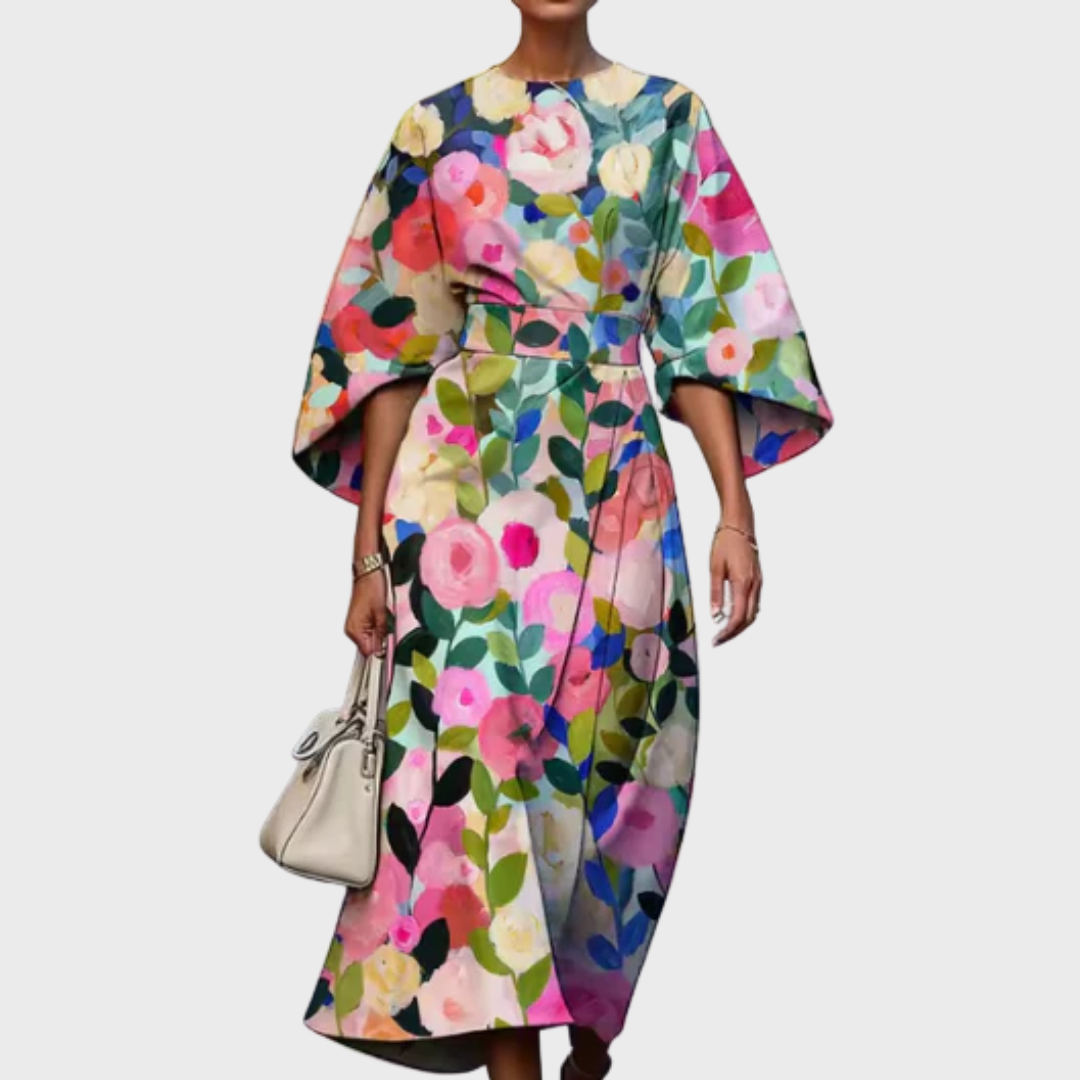 Edrica floral dress in colourful painted print, full-length front view
