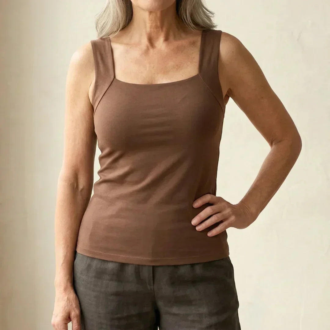 Roxanne built-in bra tank top in coffee, front view