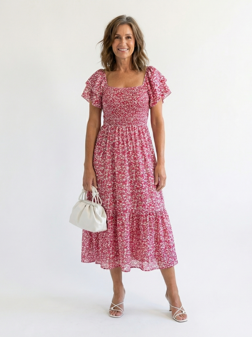 Odette off-shoulder floral midi dress in pink, full-length front view