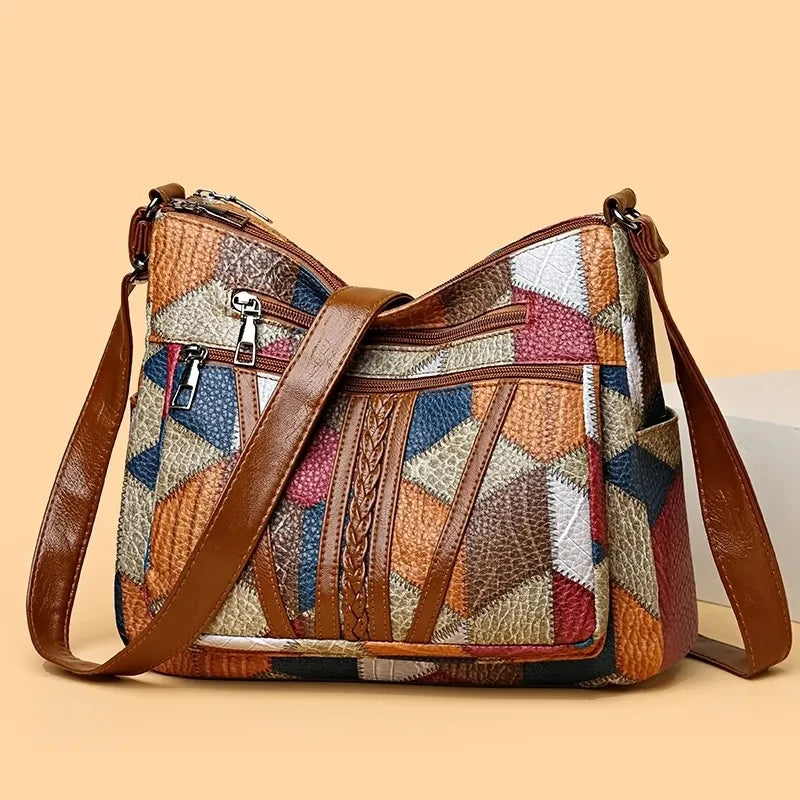 Nella patchwork bag in multicolour, front view with strap draped