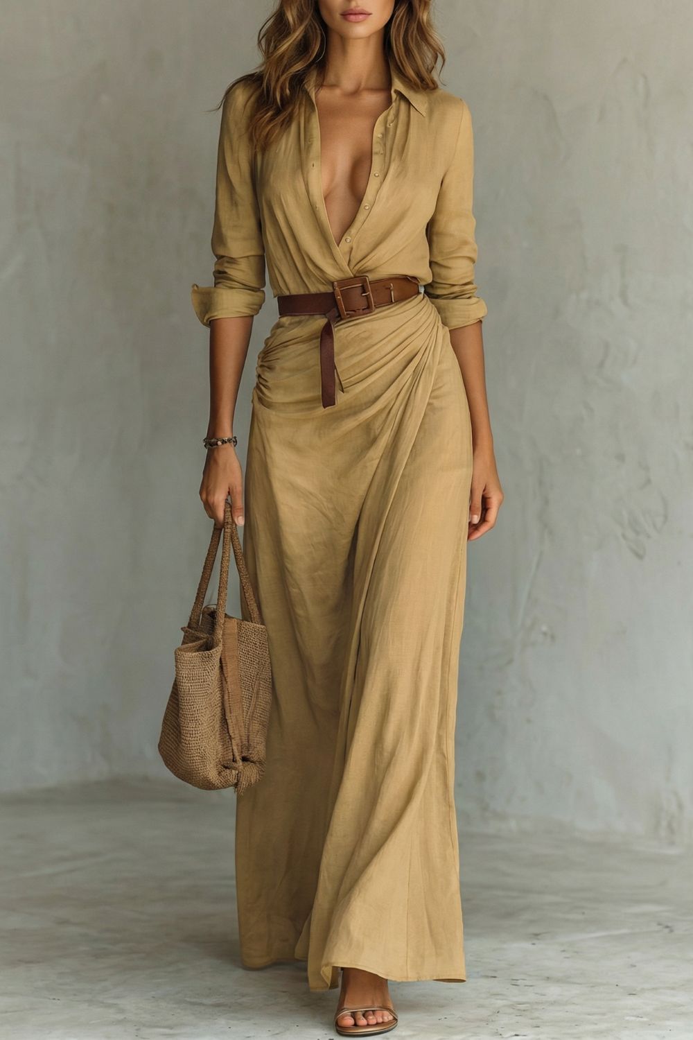 Azura button-down wrap maxi dress in brown, full-length front view