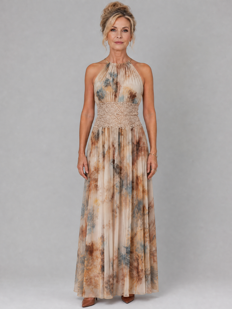 Elavenue halter neck maxi dress in beige watercolour floral, full-length front view
