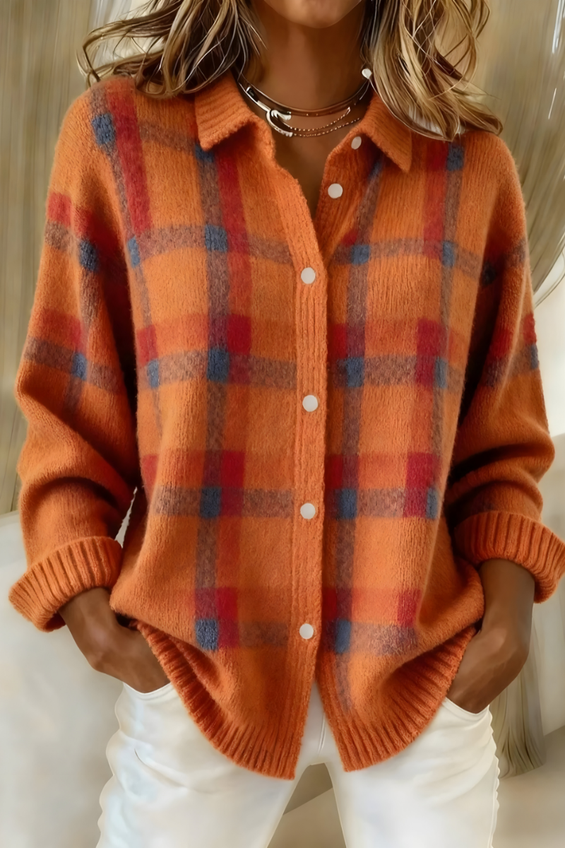 Candela checked knit cardigan in orange, buttoned front view