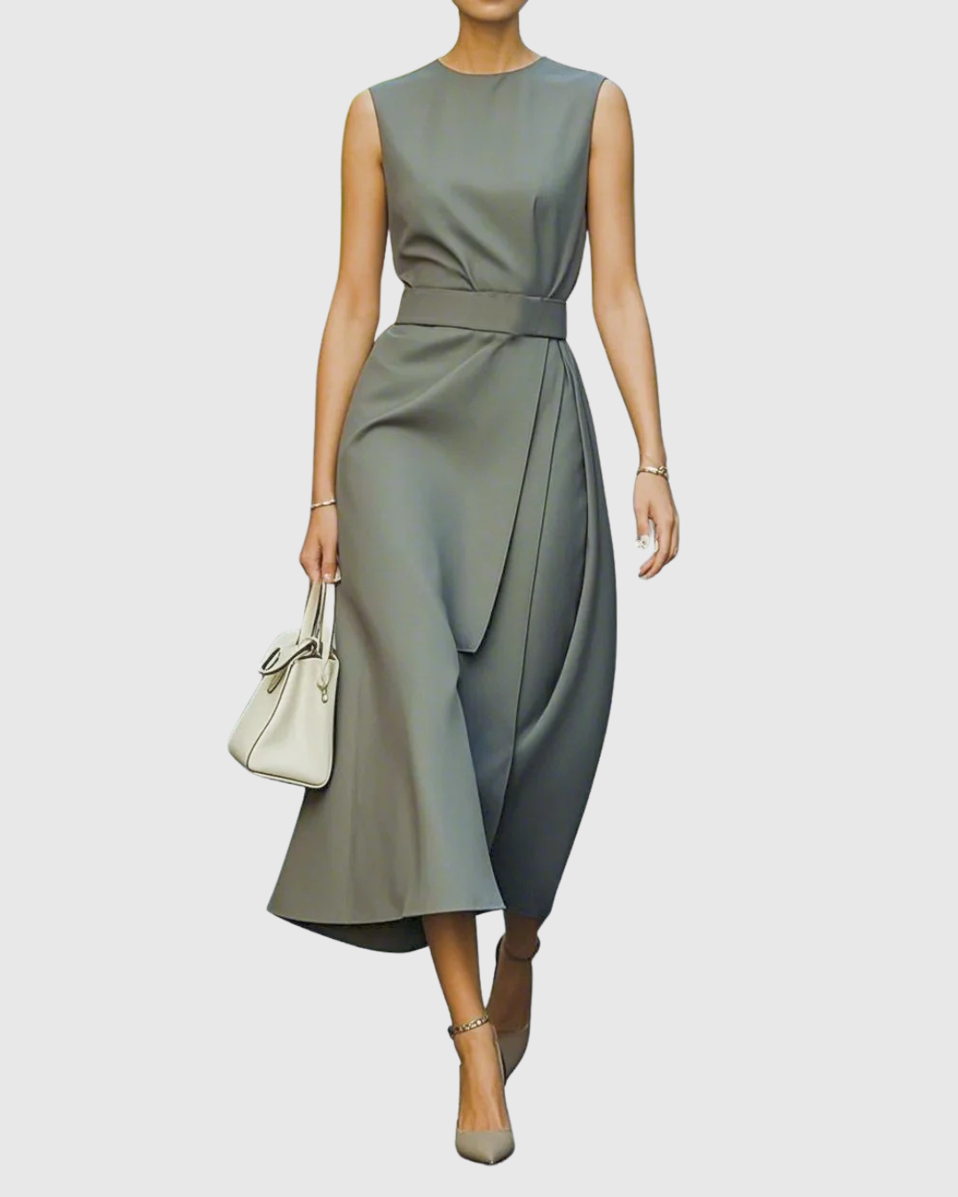Clarimond round neck dress in khaki, full-length front view