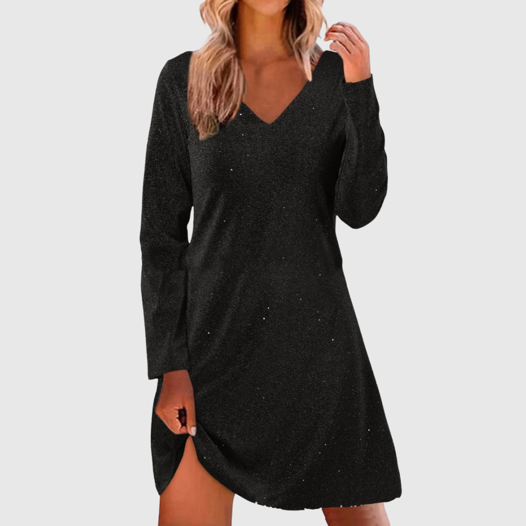 Celine sequin mini dress in black, full-length front view on model