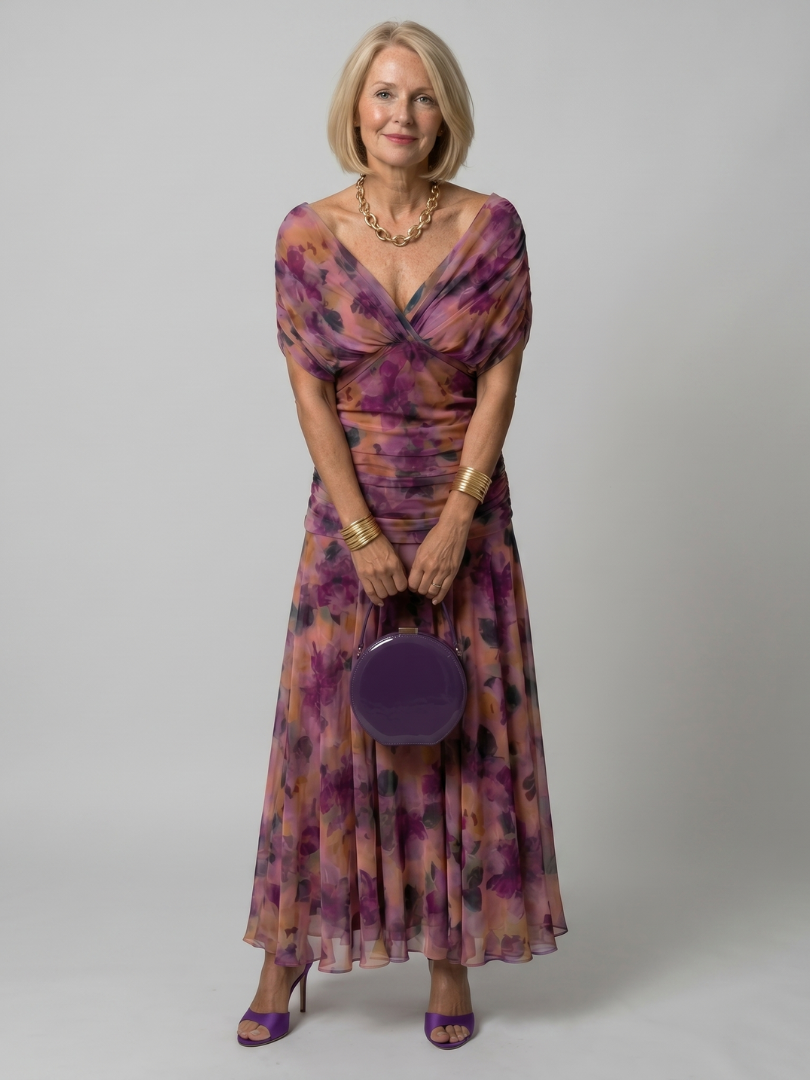 Calen off shoulder midi dress in purple floral, full-length front view