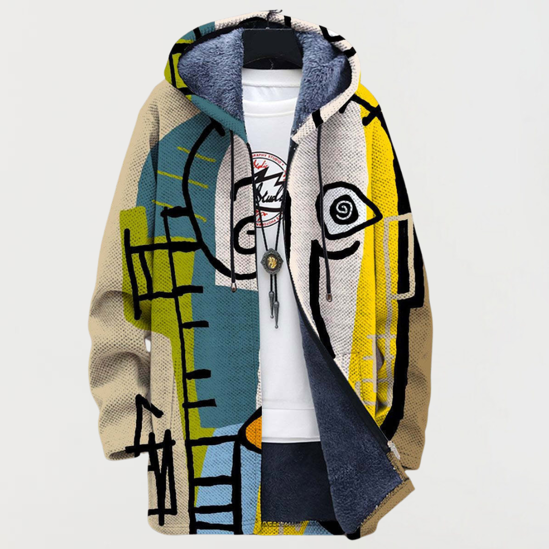 Morgan abstract print hooded coat in yellow and blue, front view
