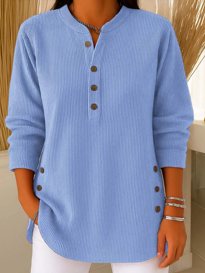 Nieves buttoned Henley tunic in sky blue, front view